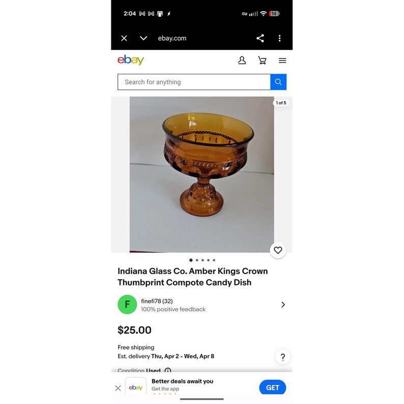 Indiana Glass Co Amber Kings Crown Thumbprint Compote Candy Dish MCM Glassware image 6