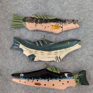 Fishing Boat and Fish Ornaments Set Wood Hand Painted Nautical Lake Decor image 3