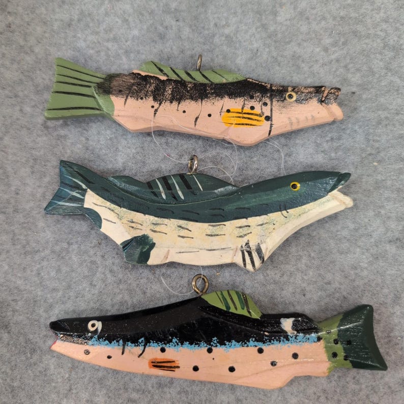 Fishing Boat and Fish Ornaments Set Wood Hand Painted Nautical Lake Decor image 3