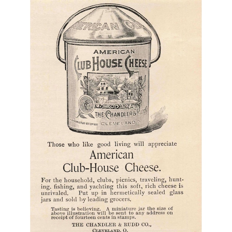 1892 American Club House Cheese Tin Can Vintage Advertising Cleveland Ohio image 1