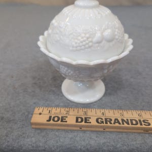 Vintage White Milk Glass Harvest Fruit Embossed Pedestal Candy Dish with Lid image 8