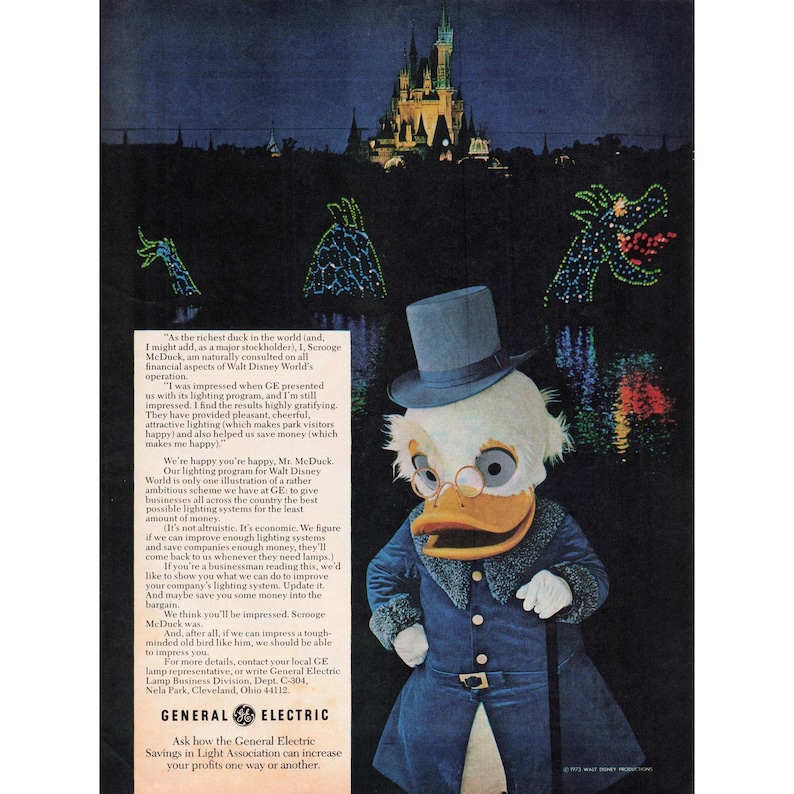 1973 Scrooge McDuck Disney World GE Lighting Print Ad Vintage Decor image 1