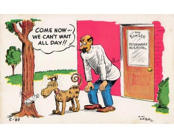 Vintage 1952 Bob Petley Laff Card C-89 Dog Veterinary Hospital Humor Postcard