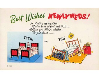 Vintage Noble Greeting Postcard Best Wishes Newlyweds Comic Twin vs Double Bed