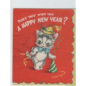 Vintage 1947 New Year Greeting Card Kitten Party Hat American Greetings image 1