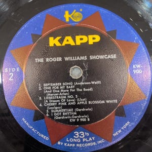 Roger Williams Showcase Vinyl LP Record Kapp KW-900 High Fidelity Piano Solo image 4