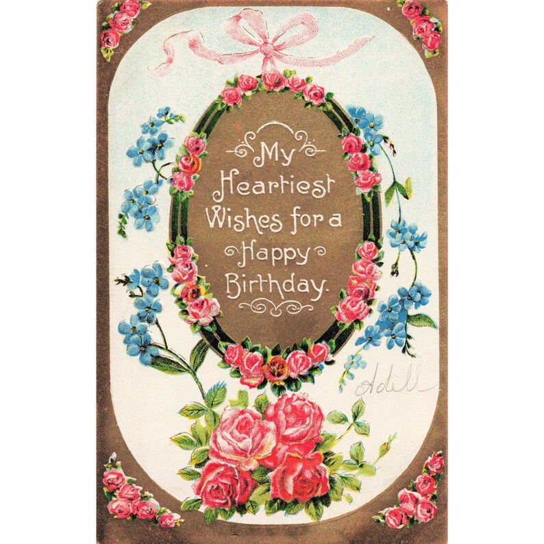 Antique Embossed Birthday Postcard Pink Roses Blue Forget-Me-Nots Germany 2132 image 1