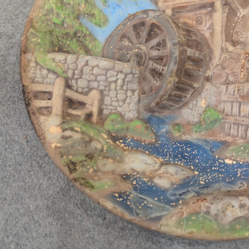Vintage 3D Relief Wall Plaque Countryside Water Mill Cottage Scene Decor image 5