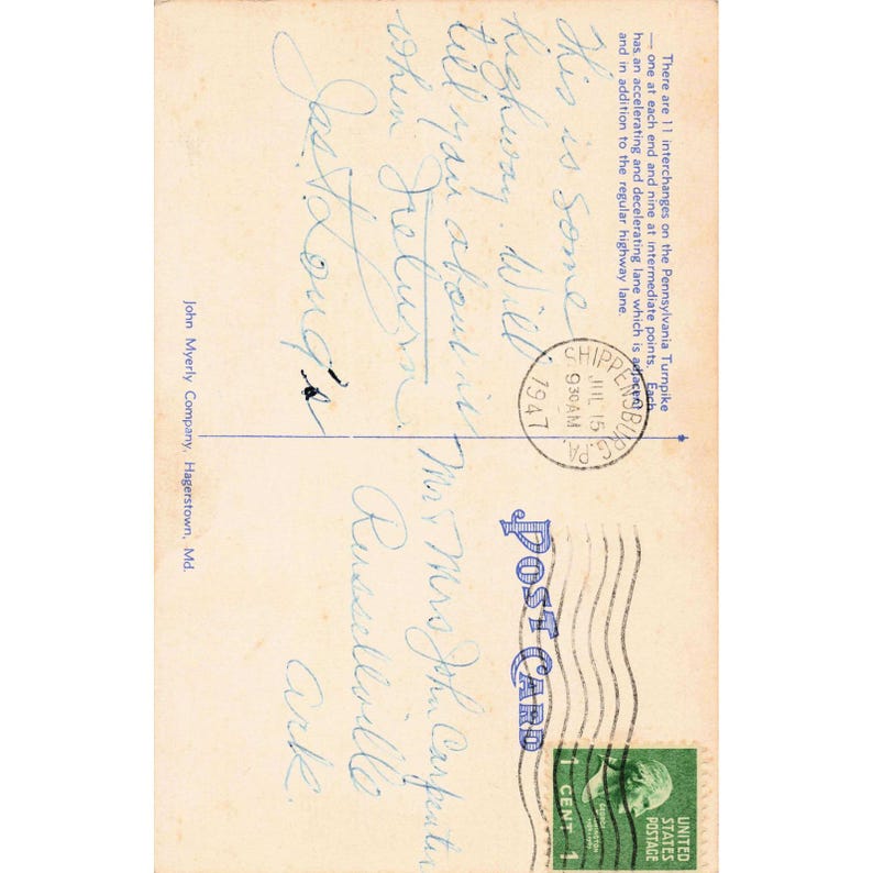 Pennsylvania Turnpike Interchange Linen Postcard 1947 Shippensburg PA Used image 2