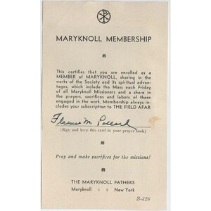 Vintage Our Lady of Maryknoll Membership Card Religious Ephemera S-326 image 2