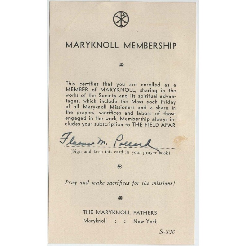 Vintage Our Lady of Maryknoll Membership Card Religious Ephemera S-326 image 2