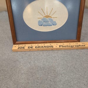 Vintage Cross Stitch Framed Art Sun and Clouds Needlepoint Blue Wood Frame image 4