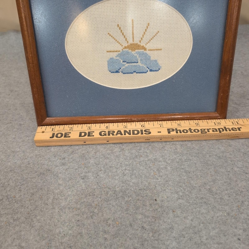 Vintage Cross Stitch Framed Art Sun and Clouds Needlepoint Blue Wood Frame image 4