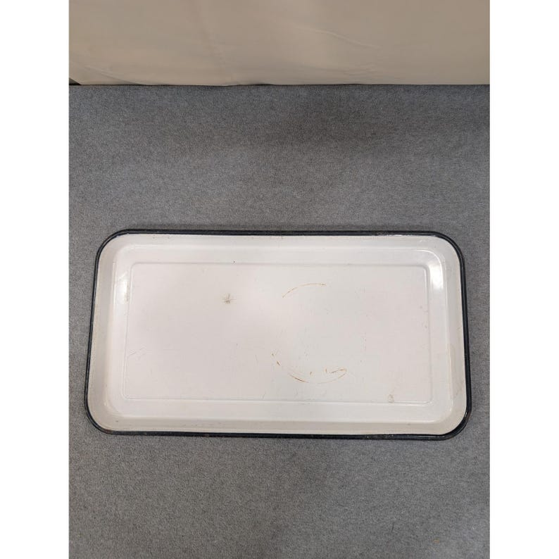Vintage White Enameled Medical Sterilizing Tray Black Rim Industrial 21" × 11" image 1