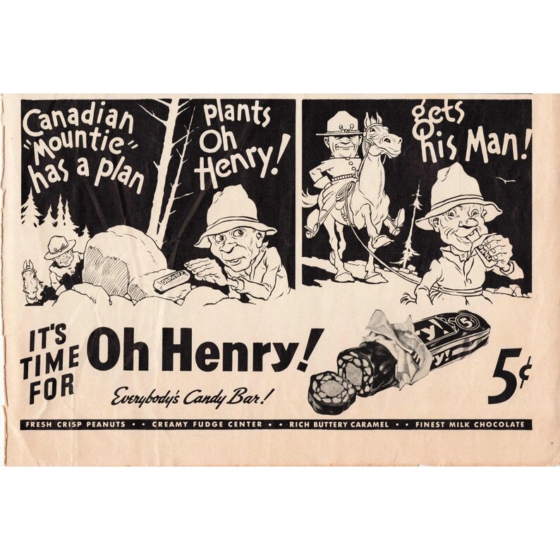 Vintage Oh Henry Candy Bar Magazine Ads Lot 6 Comic Style 5 Cent Confectionery image 5