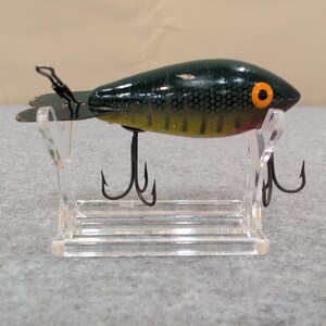 Vintage Wooden Bomber Fishing Lure Dark Green Yellow Red Orange Eye Treble Hooks image 3