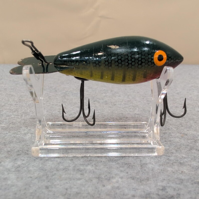 Vintage Wooden Bomber Fishing Lure Dark Green Yellow Red Orange Eye Treble Hooks image 3
