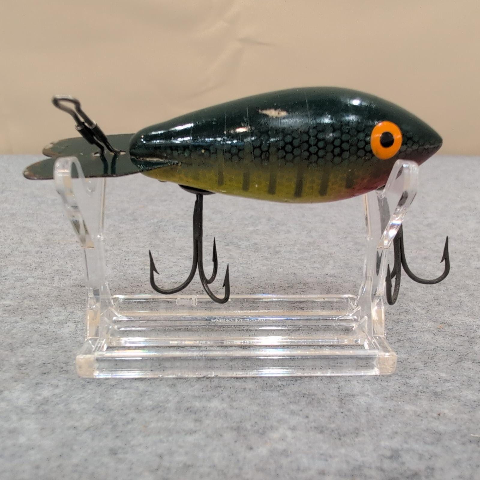 Vintage Wooden Bomber Fishing Lure Dark Green Yellow Red Orange Eye Treble  Hooks - Etsy