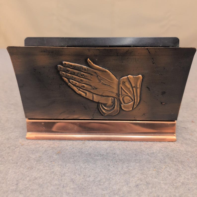 Vintage Coppercraft Guild Copper Praying Hands Letter Holder Desk Mail Organizer image 4