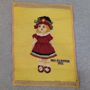 Vintage Fay Flapper 1922, tkanina artystyczna haftowana igłowo, żółto-czerwona, ręcznie robiona zdjęcie 1