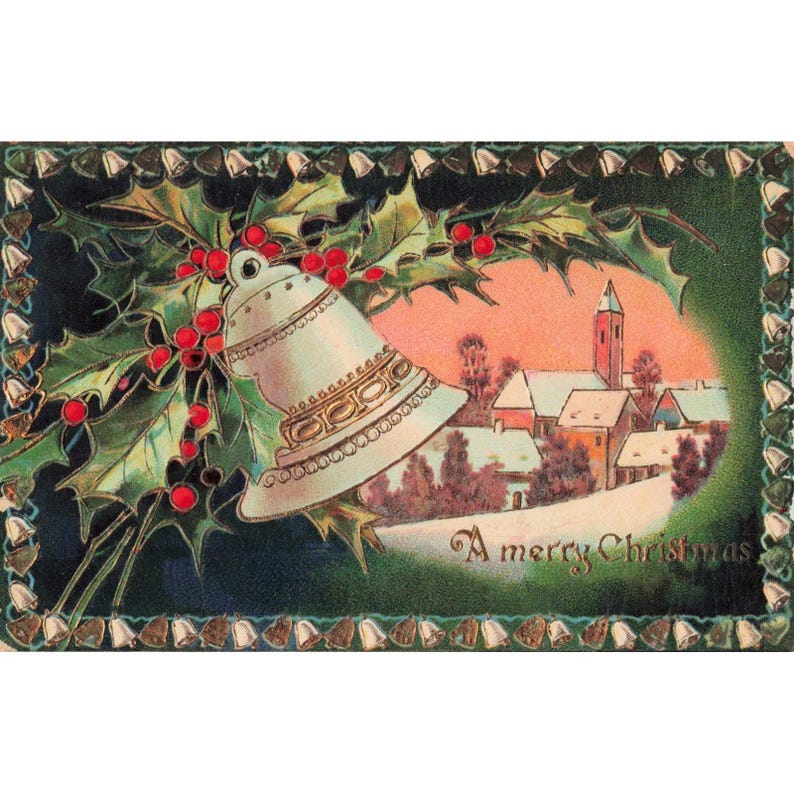 Vintage Embossed Christmas Postcard Silver Bell Holly Snowy Village Germany 283 image 1