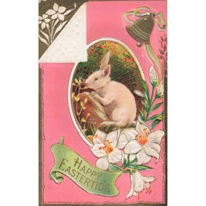 Vintage Happy Eastertide Postcard White Rabbit Lilies 1 Cent Stamp Owego NY S317 image 1