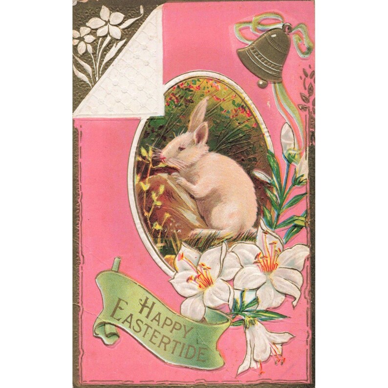Vintage Happy Eastertide Postcard White Rabbit Lilies 1 Cent Stamp Owego NY S317 image 1