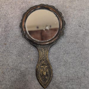 Antique Ornate Brass Hand Mirror Scalloped Shell Victorian Style Vanity Decor image 1