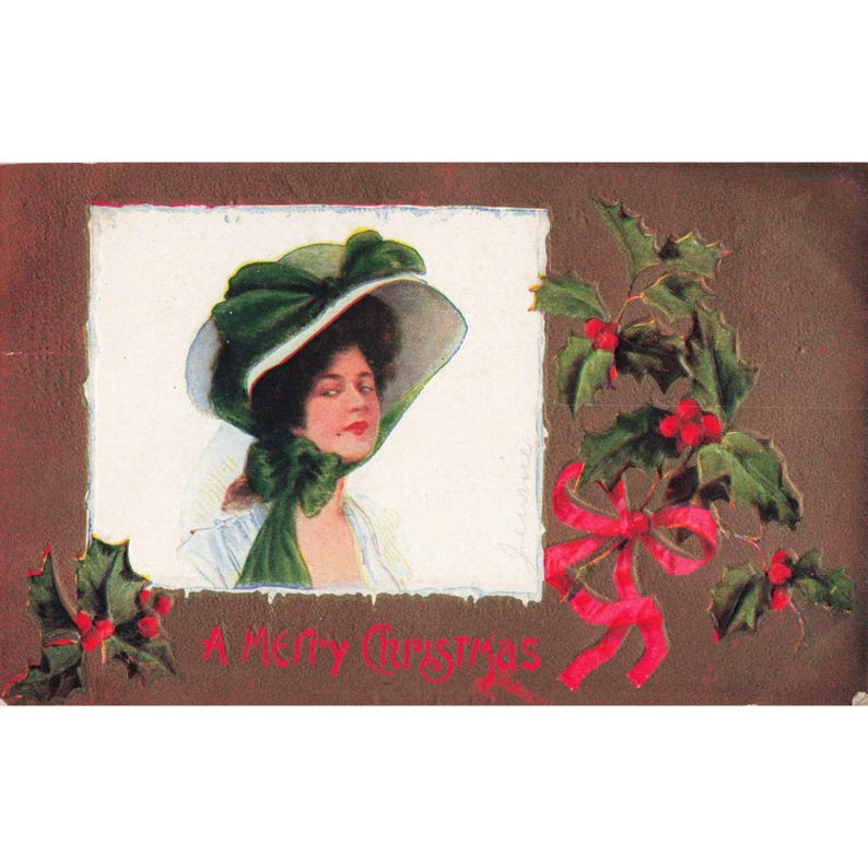 Vintage 1909 Embossed Christmas Postcard Woman Green Hat Holly Union NY Stamp image 1