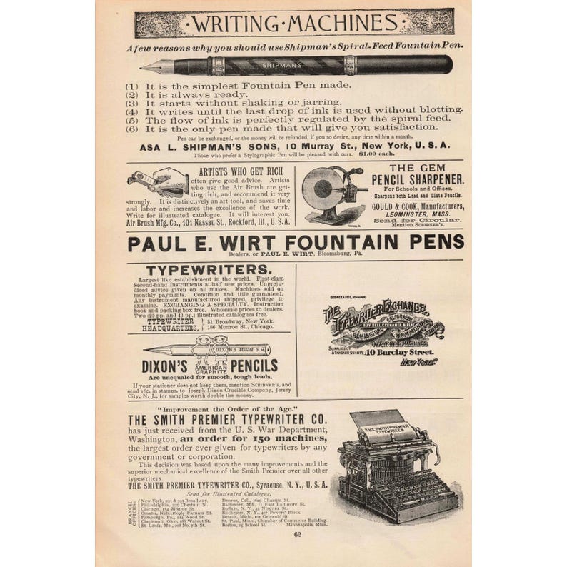 1892 Page of Machine Typewriter Print Advertisements Writing Machines Vintage Ad image 2