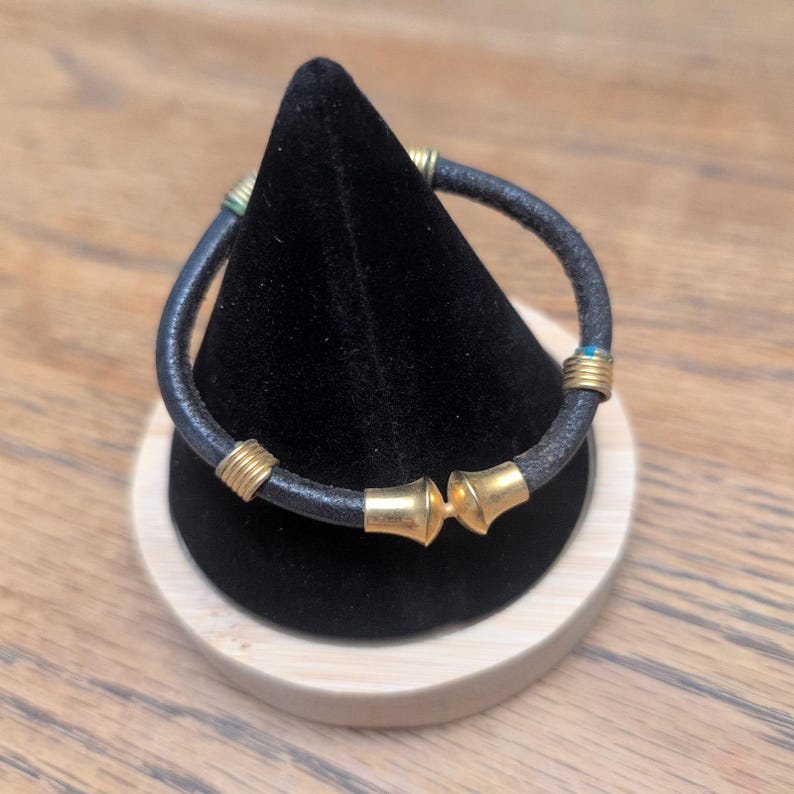 Vintage Leather Cord Bracelet Gold Tone Hardware Minimalist Boho Unisex Black image 1