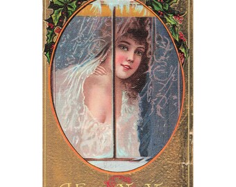 Vintage A Happy New Year Postcard Woman at Window Holly Series No 1 Antique