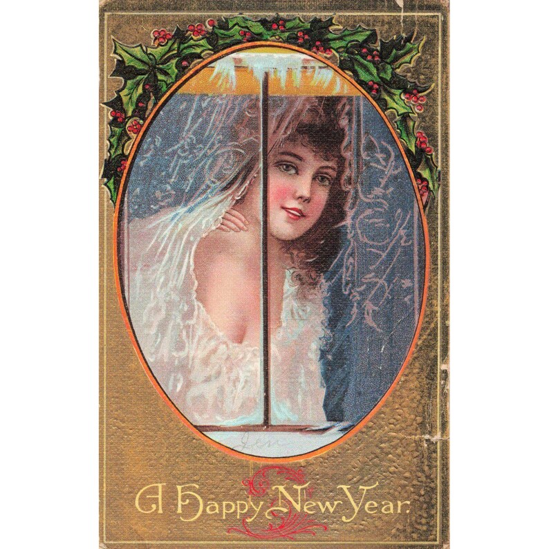 Vintage A Happy New Year Postcard Woman at Window Holly Series No 1 Antique image 1