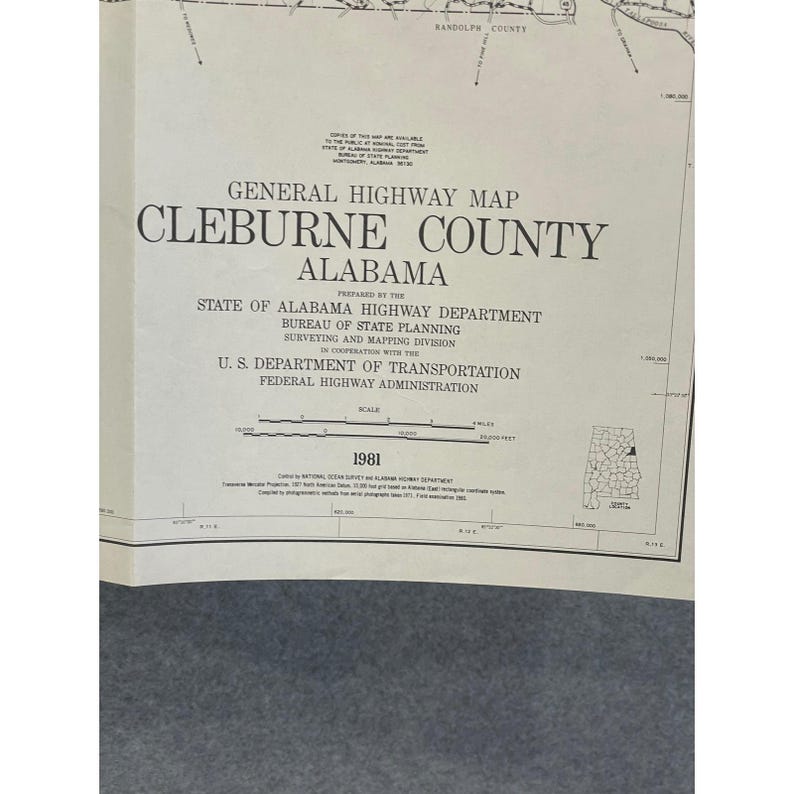 Vintage 1981 Cleburne County, Alabama, snelwegkaart, weg 24 x 18 inch Heflin Ranburne afbeelding 2