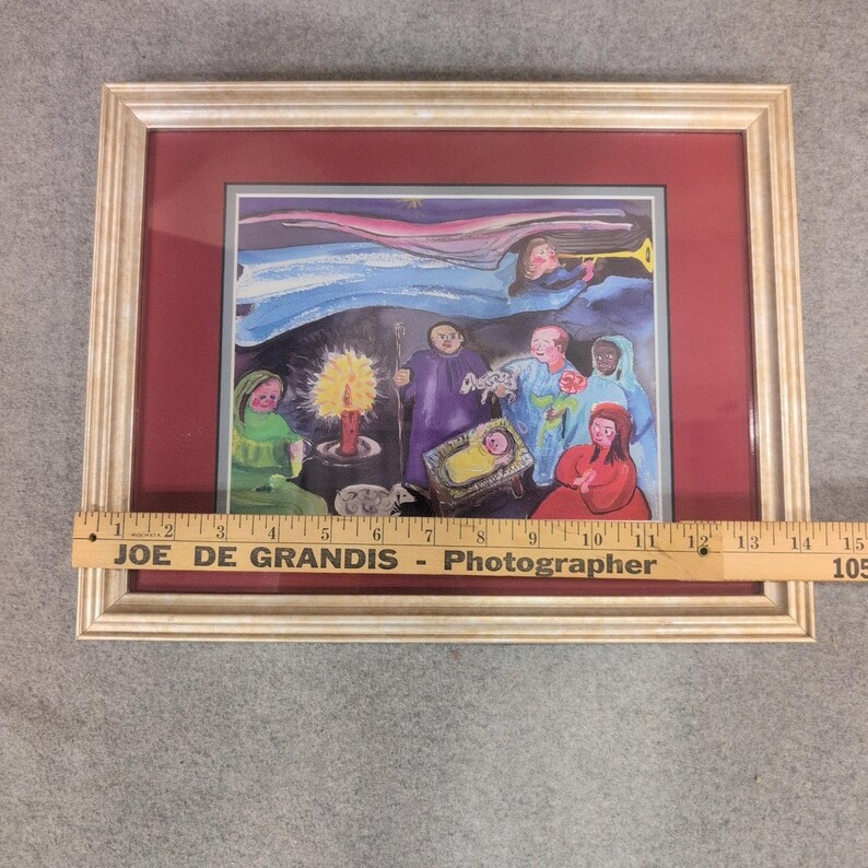 Framed Nativity Scene Folk Art Print Christmas Decor Holy Family Angel Wall Art image 2