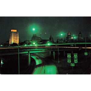 San Antonio TX Plastichrome Chrome Postcard 1966 Night Skyline Highway Barq's image 1