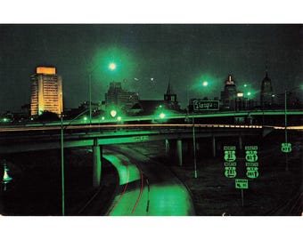 San Antonio TX Plastichrome Chrome Postcard 1966 Night Skyline Highway Barq's