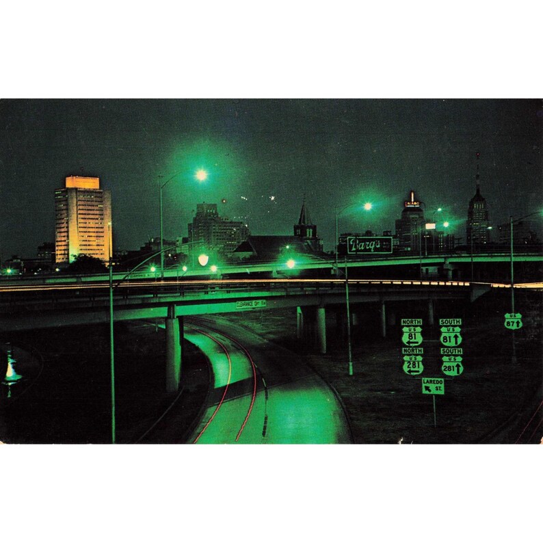 San Antonio TX Plastichrome Chrome Postcard 1966 Night Skyline Highway Barq's image 1