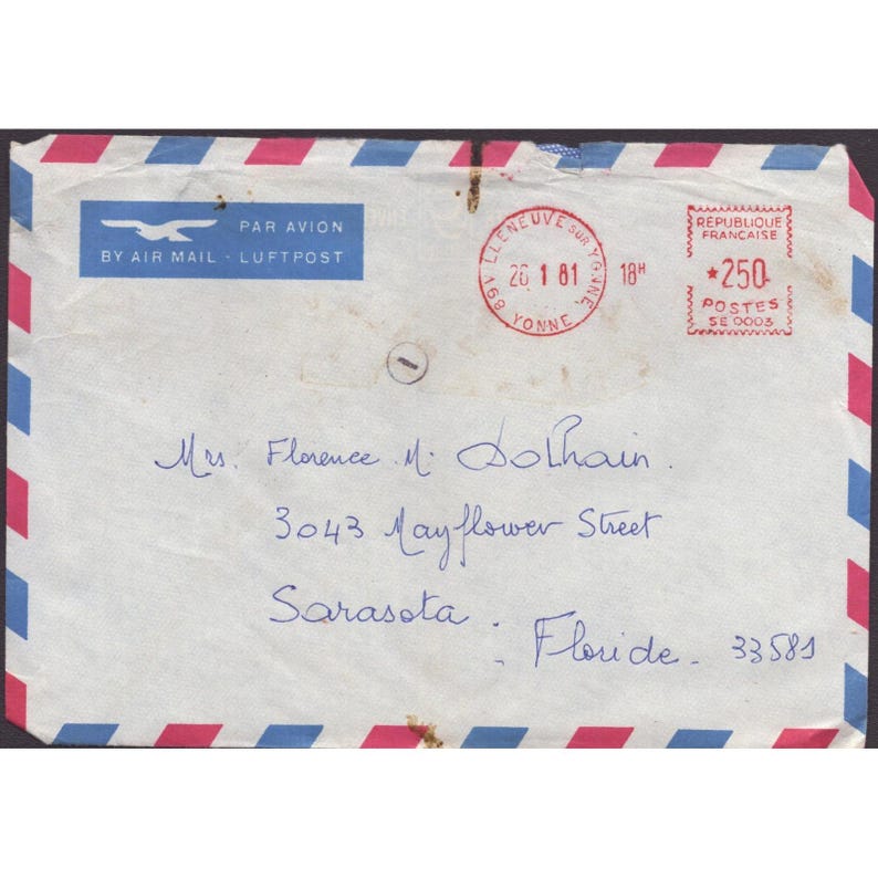Vintage 1981 France Air Mail Envelope and Handwritten Letter Sarasota Florida image 1