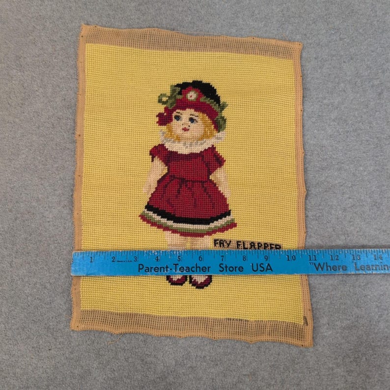 Vintage Fay Flapper 1922, tkanina artystyczna haftowana igłowo, żółto-czerwona, ręcznie robiona zdjęcie 2