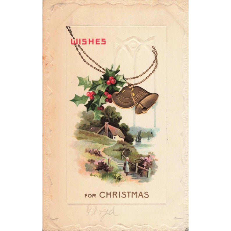 Vintage 1911 Embossed Christmas Postcard Holly Bells Cottage Scene Germany VG image 1