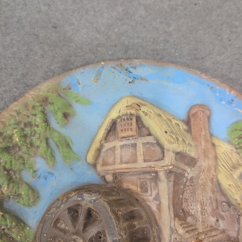Vintage 3D Relief Wall Plaque Countryside Water Mill Cottage Scene Decor image 4