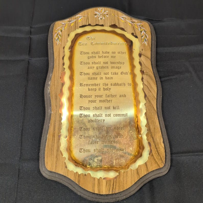 Vintage Ten Commandments Wood Metal Wall Plaque Religious Christian Home Decor image 1