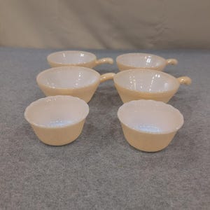 Fire King Peach Luster Milk Glass Handled Chili Bowls and Custard Cups Set of 6 image 1