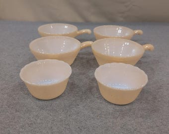 Fire King Peach Luster Milk Glass Handled Chili Bowls and Custard Cups Set of 6