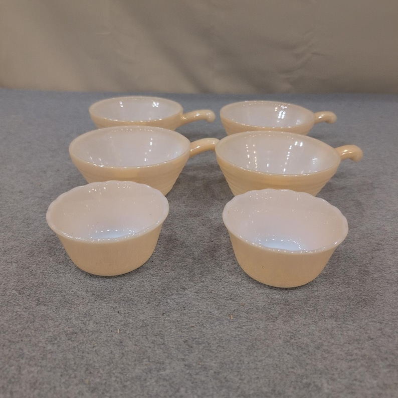 Fire King Peach Luster Milk Glass Handled Chili Bowls and Custard Cups Set of 6 image 1