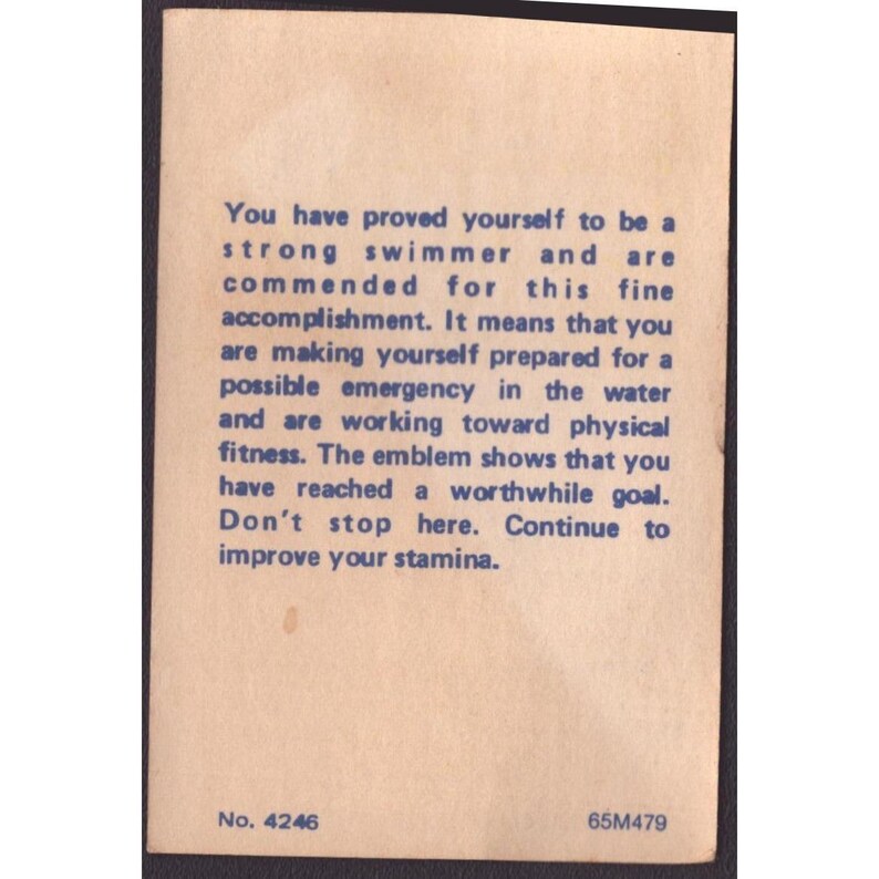 Vintage Boy Scouts of America Mile Swim BSA 1600 Meters Certificate Card No 4246 image 2