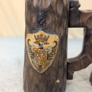 Vintage Hand Carved Wooden Mug Coat of Arms of Toledo, Spain Set of 2 Dark Wood image 2