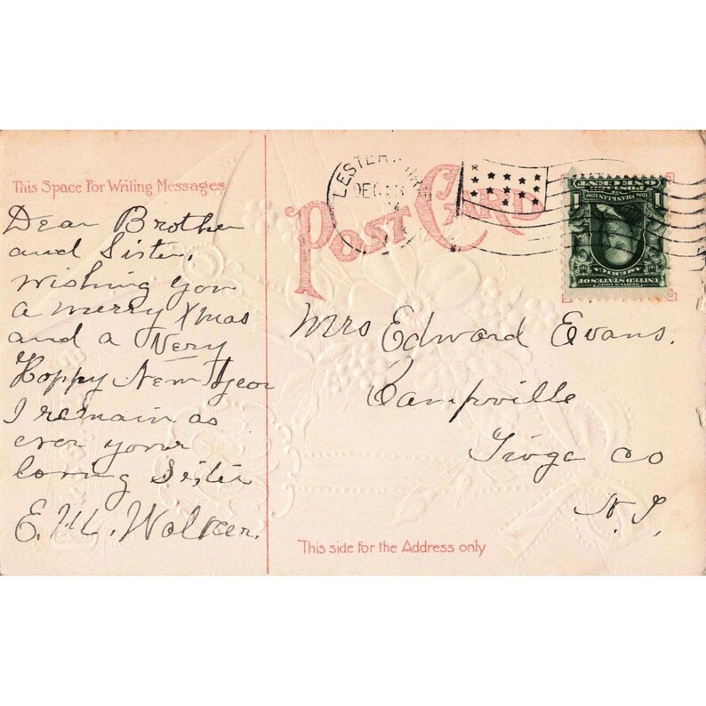 Vintage 1908 Embossed Christmas New Year Postcard Floral Ribbon Lester Iowa VG image 2