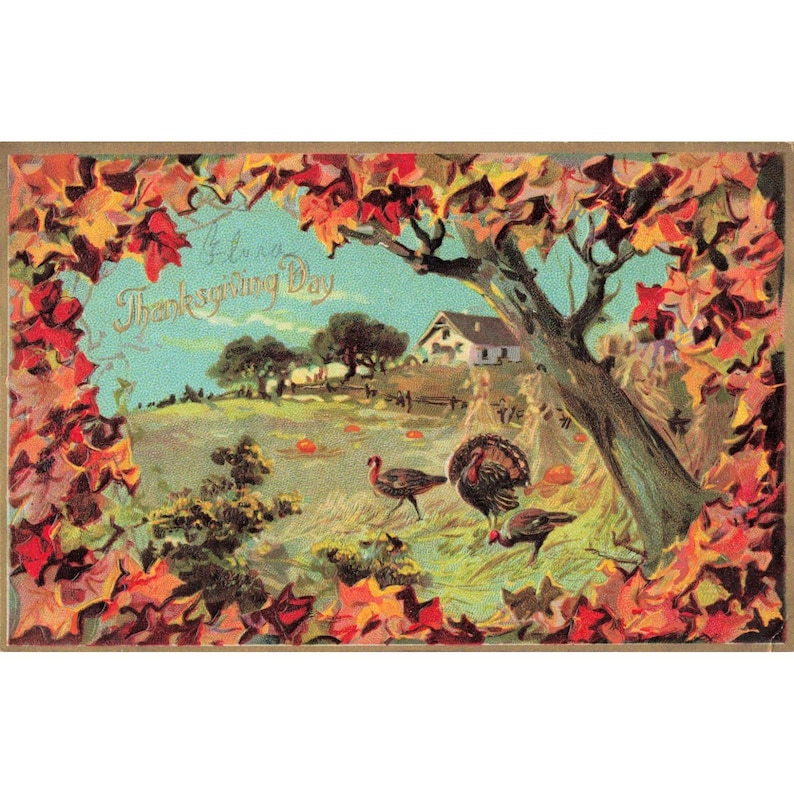 Thanksgiving Day Postcard RPPC Style Turkeys Farmhouse Autumn Leaves VG image 1